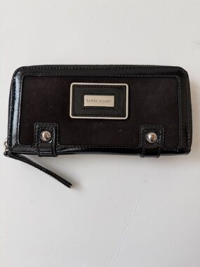 Karen Millen Black Patent Trim Wallet with Silver Plate
